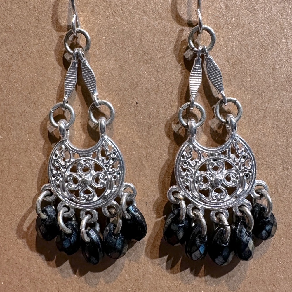 Handmade Sterling Silver Chandelier Dangle‎ Earrings Black Beaded Boho